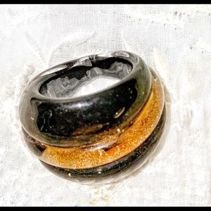 Vintage huge black Murano glass ring with gold accents size 7.75